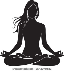 A calming vector showing a woman meditating in the lotus position, symbolizing peace and mindfulness.