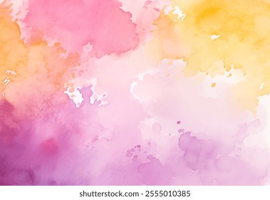 Aquarela calmante design com uma mistura refrescante de tons rosa, amarelo e macio. Fundo vetorial de uma atmosfera pacífica com efeitos turvos, fluidos e manchas artísticas