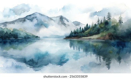 Calming watercolor scene of a reflective lake bordered by mountains and trees, enveloped in soft mist.