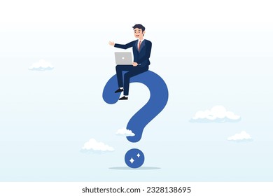 Empresario calmo que trabaja con computadora en un gran signo de interrogación, problema comercial, solución o respuesta, resolviendo problemas o analizando problemas y descubriendo oportunidades en problemas y dificultades (Vector)