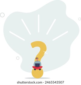 calmness businessman working with computer on big question mark.flat vector illustration.