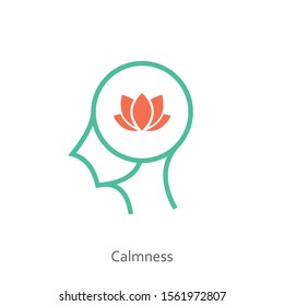 Calmness icon concept with red lotus flower inside in the drawing of human brain isolated on white background, vector and illustration.