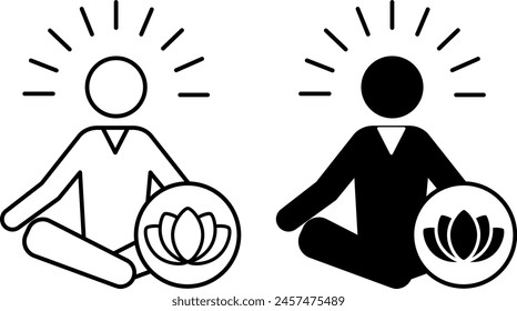 Calmness icons. Black and White Vector Icons of Meditating Man. Yoga, Relaxation Exercise. Lotus flower. Mental Health. Positive Thinking Concept