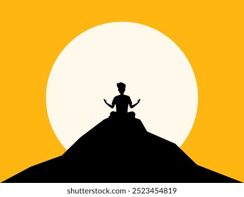 Calmness. Man meditating on top of a mountain