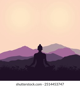 Calmness of mind meditation concept silhouette with mountain background. Meditating silhouette in lotus pose. Yoga illustration.