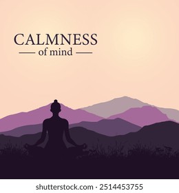 Calmness of mind meditation concept silhouette with mountain background. Meditating silhouette in lotus pose. Yoga illustration.