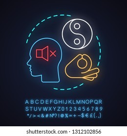 Calmness neon light concept icon. Mindfulness idea. Calm and peace. Positive thinking. Stress resistance. Glowing sign with alphabet, numbers and symbols. Vector isolated illustration