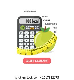 Calorie calculator concept. Calculator with apple and measuring tape. Vector illustration.