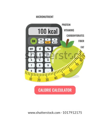 Calorie calculator concept. Calculator with apple and measuring tape. Vector illustration.