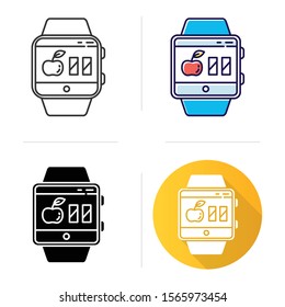 Calorie calculator smartwatch function icon. Estimating calories to maintain, lose and gain weight. Flat design, linear and color styles. Fitness wristband capability. Isolated vector illustrations