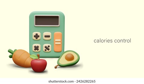 Control de calorías. Concepto de vector en estilo de dibujos animados. Calculadora 3D, frutas, verduras