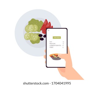 Calorie count app on phone screen over green salad dish - isolated hand holding smartphone with fat, protein, fiber intake control mobile application. Flat vector illustration.