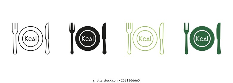 Calorie Count Line and Silhouette Icon Set With Plate, Fork, Knife. Healthy Dining And Nutrition Icon. Healthy Eating And Diet. Editable Stroke. Isolated Vector Illustration.