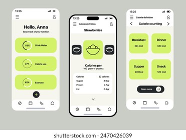 Calorie counter app concept in flat design. Template of a convenient app for counting calories, displayed on three screens, made in a modern and minimalist style. Vector Illustration.