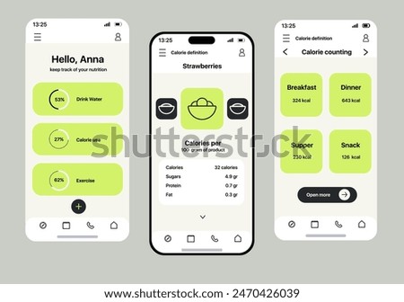 Calorie counter app concept in flat design. Template of a convenient app for counting calories, displayed on three screens, made in a modern and minimalist style. Vector Illustration.