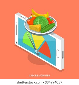 Calorie counter flat isometric vector concept. Smartphone like scales that show food calorie count.