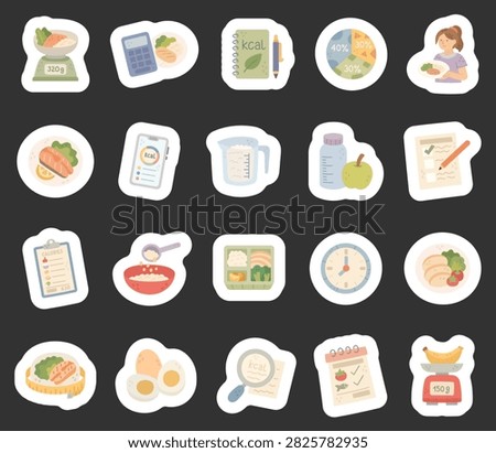 Calorie counting set featuring nutrition food scale calculator notebook chart smartphone measuring cup bottle checklist lunchbox clock plate banana eggs