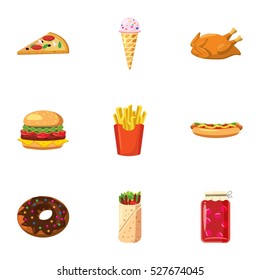 Calorie food icons set. Cartoon illustration of 9 calorie food vector icons for web