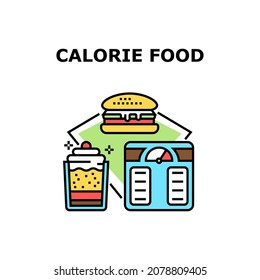 Calorie Food Vector Icon Concept. Fatty Hamburger Or Cheeseburger And Sweet Delicious Dessert Calorie Food For Gain Weight. Burger And Sugary Creamy Dish Junk Unhealthy Nutrition Color Illustration