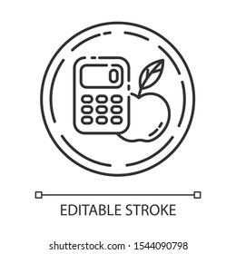 Calorie free linear icon. Low calories snacks for weight loss. Product free ingredient. Nutritious fruits. Thin line illustration. Contour symbol. Vector isolated outline drawing. Editable stroke