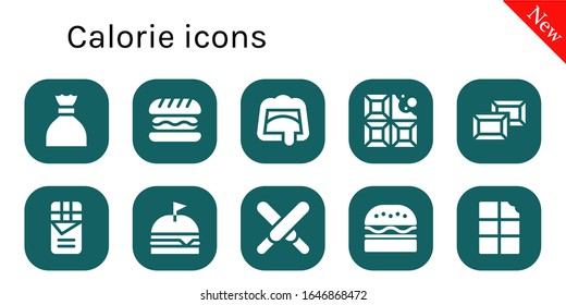 calorie icon set. 10 filled calorie icons. Included Sugar, Hamburger, Chocolate, Burger icons