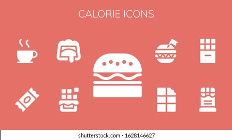 calorie icon set. 9 filled calorie icons.  Simple modern icons such as: Burger, Chocolate, Sugar