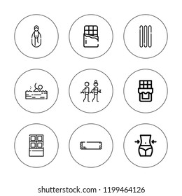 Calorie icon set. collection of 9 outline calorie icons with chocolate, fitness icons. editable icons.