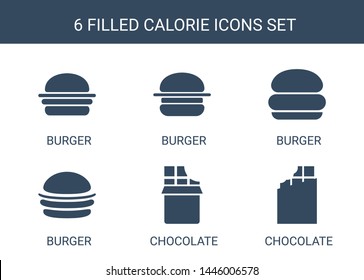 calorie icons. Trendy 6 calorie icons. Contain icons such as burger, chocolate. calorie icon for web and mobile.