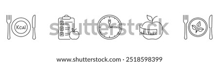 Calorie Tracking and Meal Planning Line Icon Set for Healthy Diet. Nutrition and Weight Management Symbols. Editable Stroke. Isolated Vector Illustration.