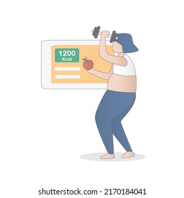 Calories burned, weight loss calculator app on smartphone,full Body cardio exercise,diet programs,bloated belly woman lifting dumbbells and holding apple,Vector illustration.