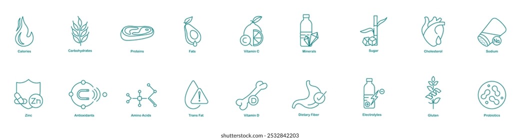 Calorias, Carboidratos, Proteína, Gorduras, Vitamina C, Minerais, Açúcar, Colesterol, Sódio, Zinco, Antioxidantes, Aminoácidos, Gorduras Trans, Vitamina D, Fibra Dietética, Eletrólitos, Ícones de glúten