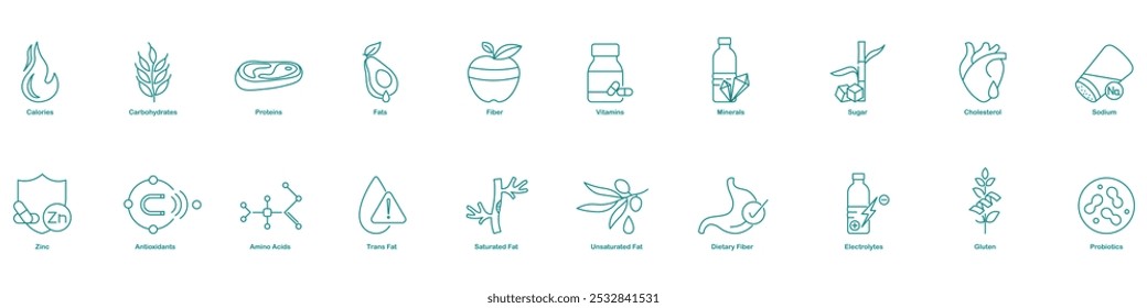 Calories, Carbohydrates, Proteins, Fats, Fiber, Vitamins, Minerals, Sugar, Cholesterol, Sodium, Zinc, Antioxidants, Amino Acids, Trans Fats, Saturated Fats, Unsaturated Fats, Dietary Fiber icons