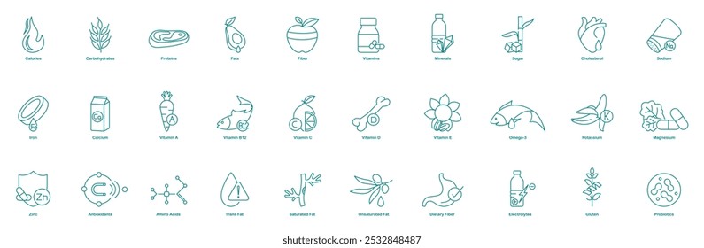 Calories, Carbohydrates, Proteins, Fats, Fiber, Vitamins, Minerals, Sugar, Cholesterol, Sodium, Iron, Calcium, Vitamins A, B12, C, D, E, Omega-3, Potassium, Magnesium, Zinc, Antioxidants vector icons