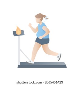 Calories exercise calculate to lose weight,fat woman in sport wear Fitness and running on on Treadmill,Calories burned routine activity,Healthy Lifestyle,Vector illustration.