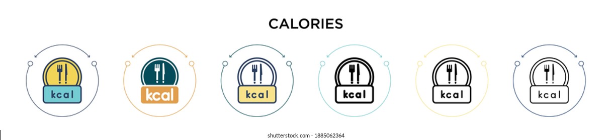 Calories icon in filled, thin line, outline and stroke style. Vector illustration of two colored and black calories vector icons designs can be used for mobile, ui, web