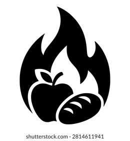 Calories Icon with Flame, Apple and Bread, Black Vector Symbol for Diet and Energy Nutrition