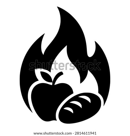 Calories Icon with Flame, Apple and Bread, Black Vector Symbol for Diet and Energy Nutrition