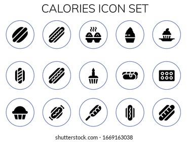 calories icon set. 15 filled calories icons. Included Hot dog, Cupcake icons