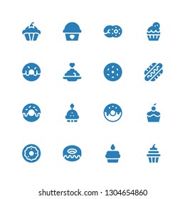 calories icon set. Collection of 16 filled calories icons included Cupcake, Donut, Hot dog, Porridge