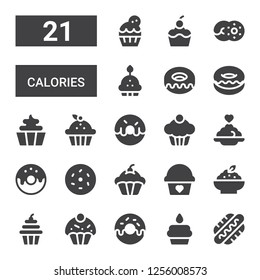 calories icon set. Collection of 21 filled calories icons included Hot dog, Cupcake, Donut, Porridge