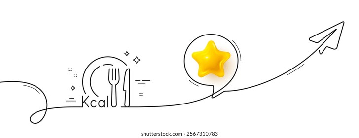 Calories line icon. Continuous line with share plane. Diet kcal sign. Low calorie food symbol. 3d star in speech bubble. Calories single line ribbon. Loop curve pattern. Vector