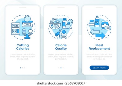 Calories management blue onboarding mobile app screen. Walkthrough 3 steps editable graphic instructions with linear concepts. UI, UX, GUI template
