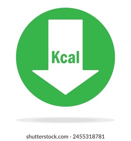 Calories reduction icon. Low kilocalories graphics sign with arrow. Kcal reduction isolated symbol on white background. Symbol of healthy nutrition. Vector illustration. Kilocalorie symbol emblem.