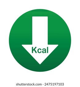 Calories reduction icon. Low kilocalories graphics sign with arrow. Kcal reduction isolated symbol on white background. Symbol of healthy nutrition. Vector illustration. Kilocalorie symbol emblem.