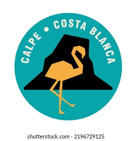 Calpe, Costa Blanca emblem illustration with rock and flamingo.