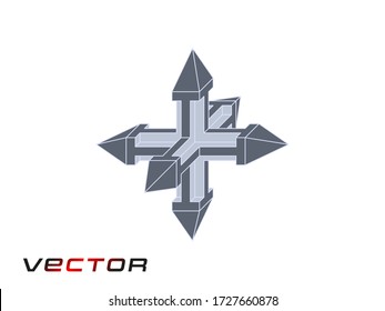 Caltropos, antitanque de barrera, anti-auto 3D, esquinas afiladas. El concepto de icono de seguridad del sistema, logotipo. Elemento vectorial sobre un fondo blanco aislado.