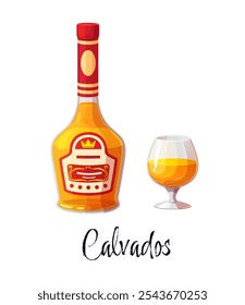 Botella de alcohol de Calvados y vidrio para bebida o bebida de bar, ícono de dibujos animados de Vector. Botella de brandy Calvados con etiqueta y vidrio para bebidas alcohólicas de primera calidad menú de bar o celebración de fiesta