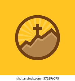 Calvary Church Logotype In Circle. Baptist Cross In Mountain Logo