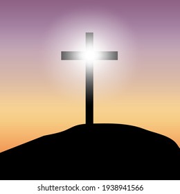 calvary cross on light background. Sunset light. Stock image. EPS 10.