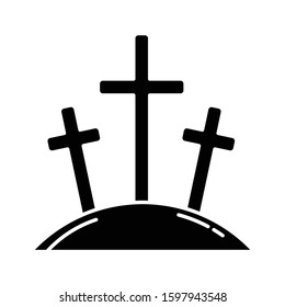 Calvary hill glyph icon. Three crosses at Golgotha mountain. Crucifixion of Jesus Christ. Good Friday. New Testament. Bible narrative. Silhouette symbol. Negative space. Vector isolated illustration